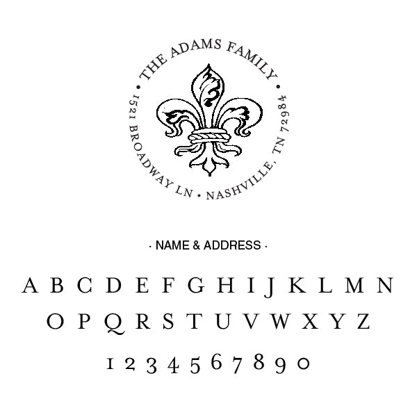 Round Alexa Pulitzer Fleur De lis Famiy Name and Return Address Custom Designer Stamp Alphabet and Font Used