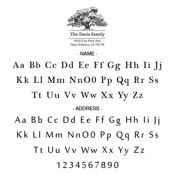 Alexa Pulitzer Tree Family Name Return Address Custom Designer Stamp Alphabet and Font Used