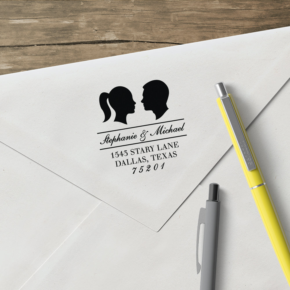 Couple Silhouette Name and Return Address Custom Designer Stamp
