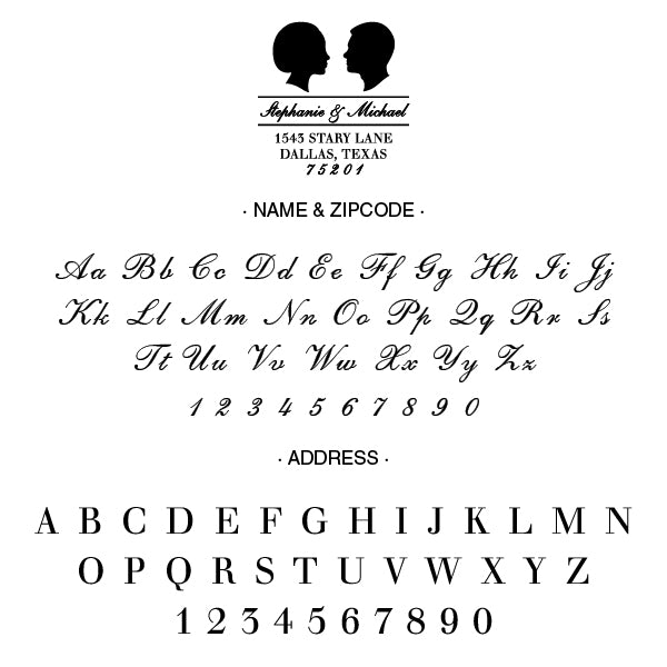 Couple Silhouette Name and Return Address Custom Designer Stamp Alphabet and Font Used