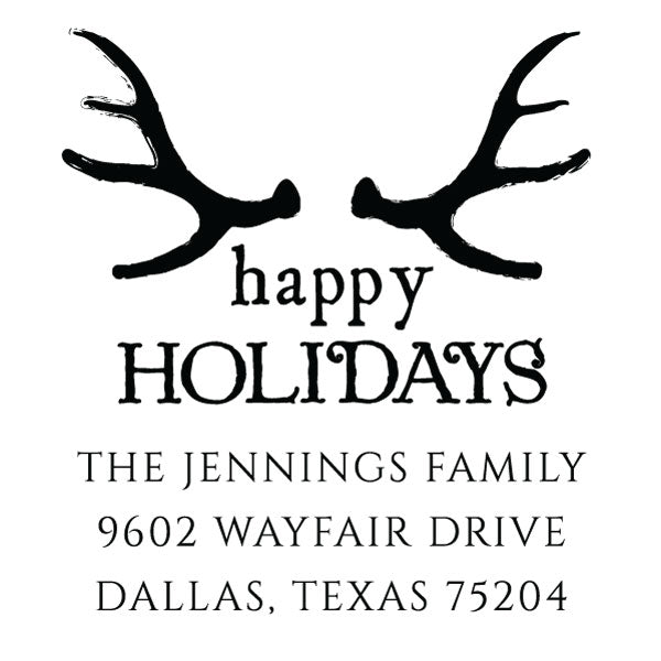 Happy Holiday Antlers Family Return Address Custom Designer Stamp