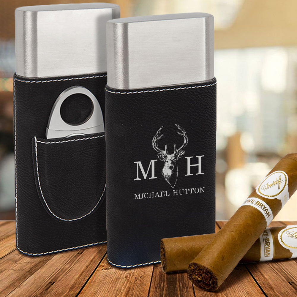 custom engraved vegan leather cigar case with cutter