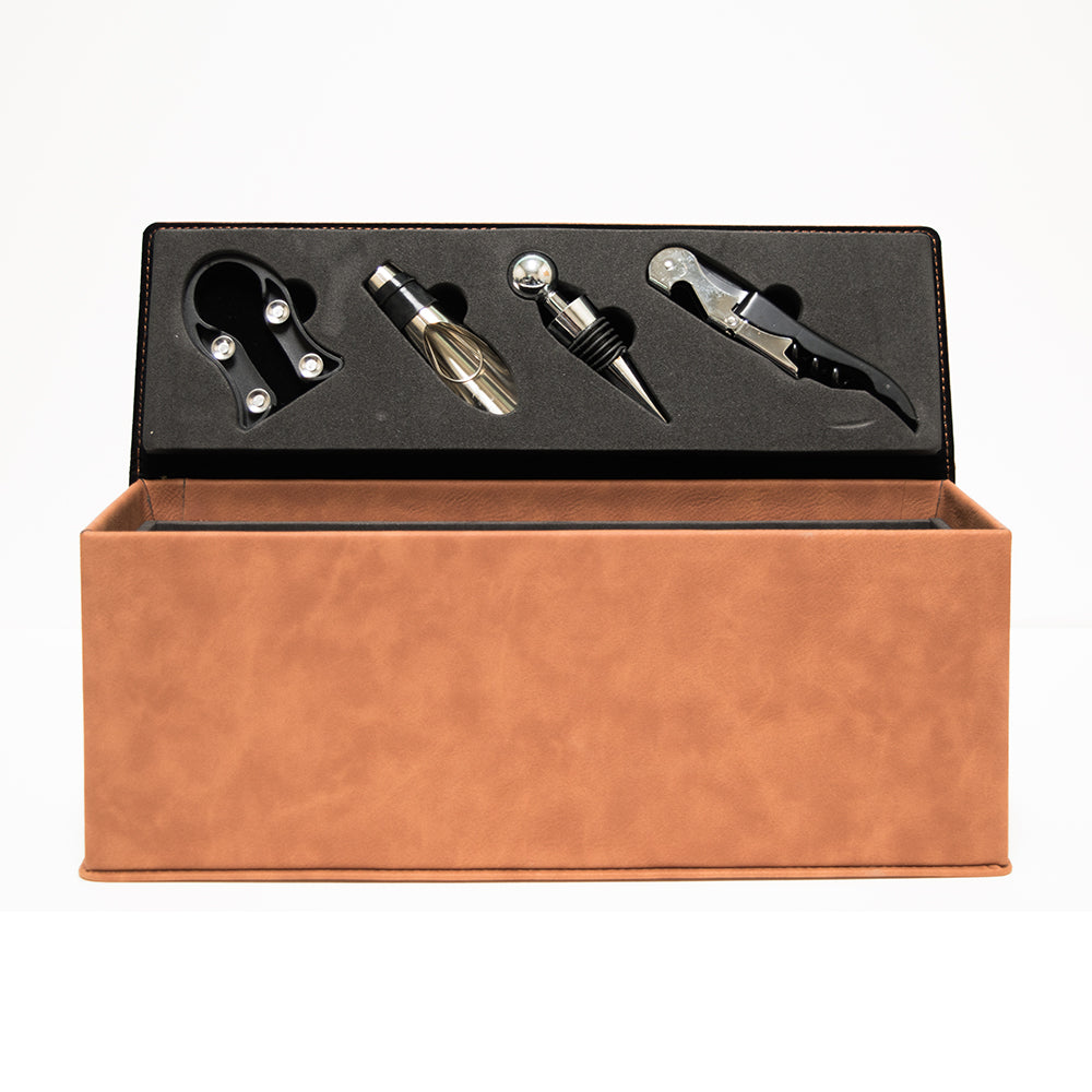 custom engraved vegan leather presentation wine set box with tools and padded interior