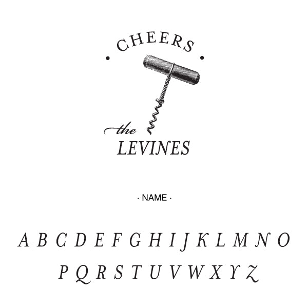 Cheers Wine Cork Opener Name signature Custom Designer Embosser Alphabet and Font Used