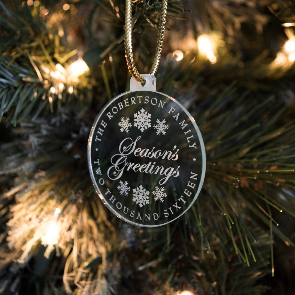 Custom Acrylic Holiday Seasons Greetings Christmas Gift Tag Ornament Family Name