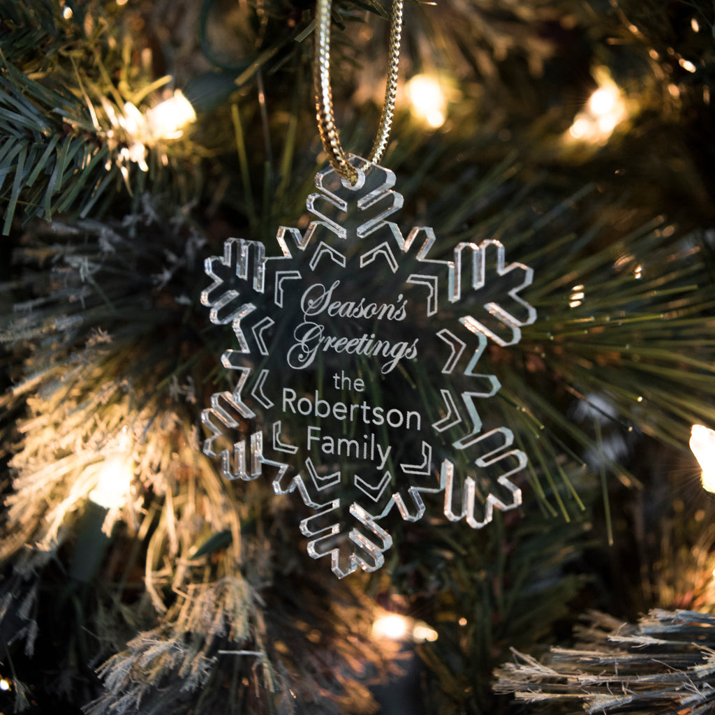 Custom Acrylic Holiday Seasons Greetings Snowflake Christmas Gift Tag Ornament Family Name