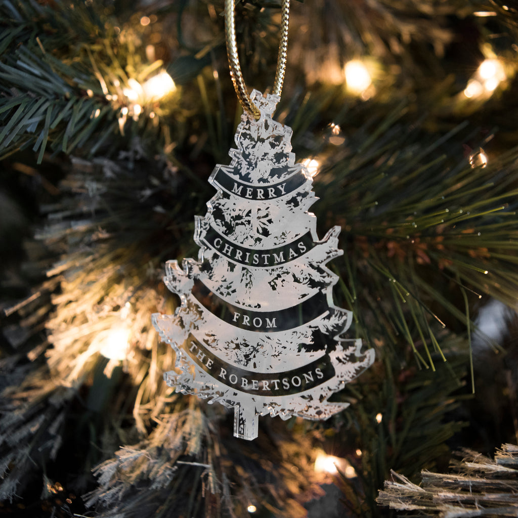 Custom Acrylic Holiday Merry Christmas Tree Gift Tag Ornament Family Name