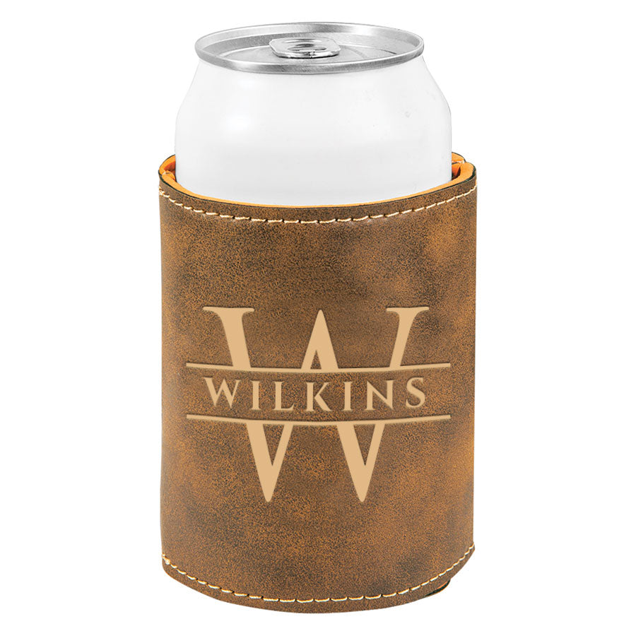 Custom Engraved Leather Beverage Sleeve with Last Name and Initial