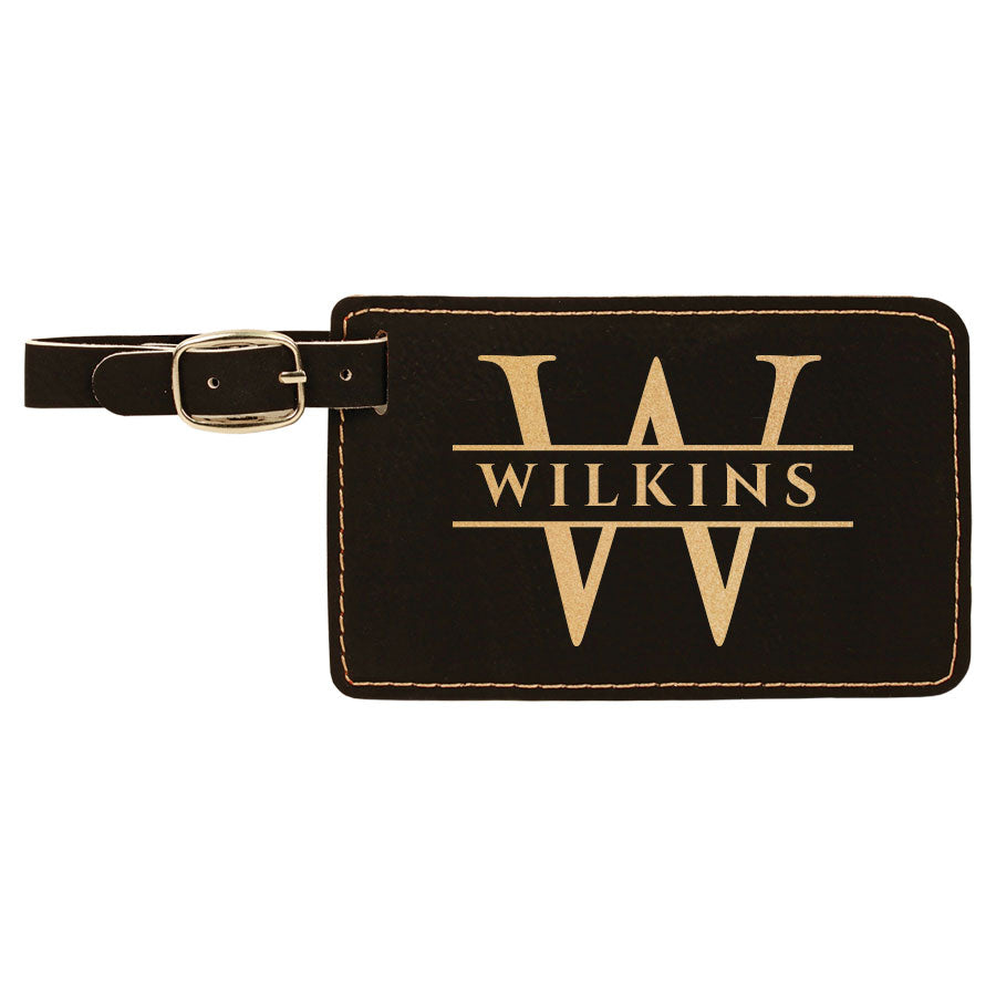 set of two engraved vegan leather luggage tags customized with our exquisite classic design