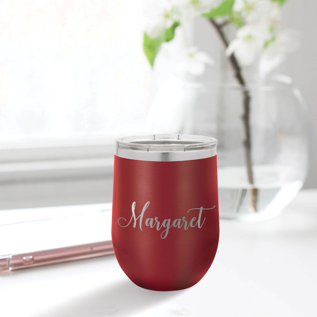custom engraved stainless steel 12 oz tumbler maroon with clear lid
