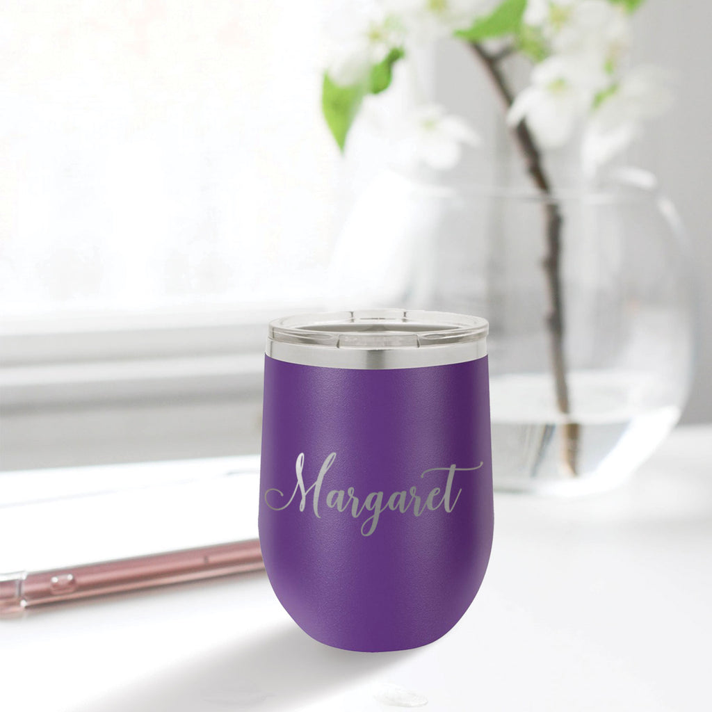 custom engraved stainless steel 12 oz tumbler purple with clear lid