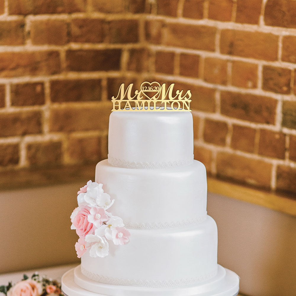 Custom Acrylic Wedding Mr & Mrs Heart Date Last Name Cake Topper
