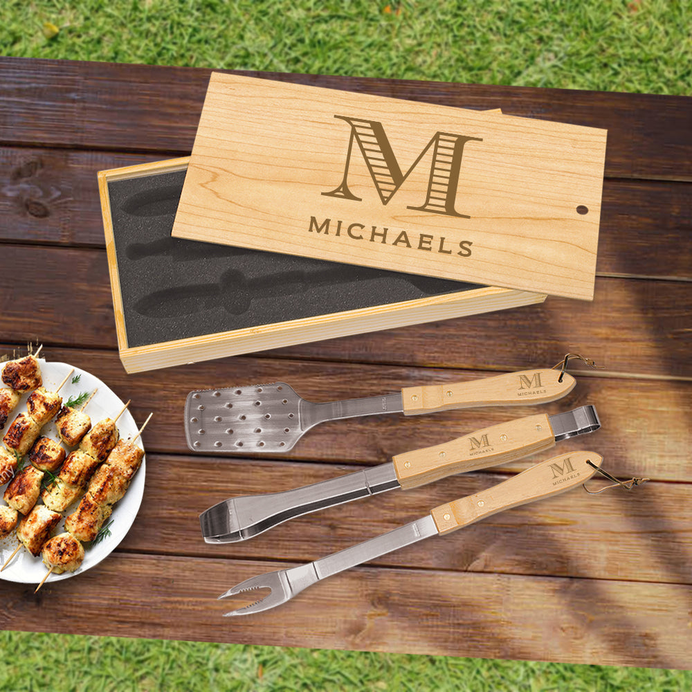 Personalised BBQ Grill Tool Set. Custom Engraved Wood Handle Barbecue  Cooking Utensils Fork Tongs Spatula L286 