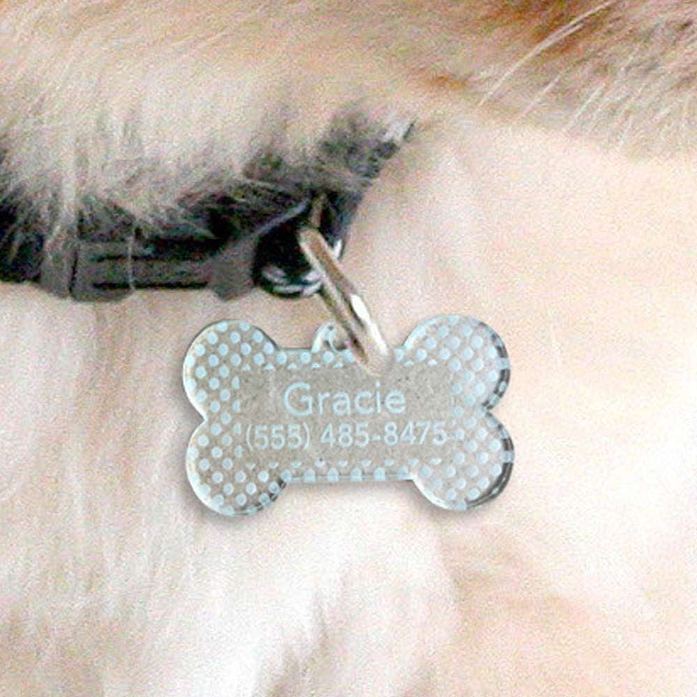 Custom acrylic bone shaped polka dot with name and number pet tag