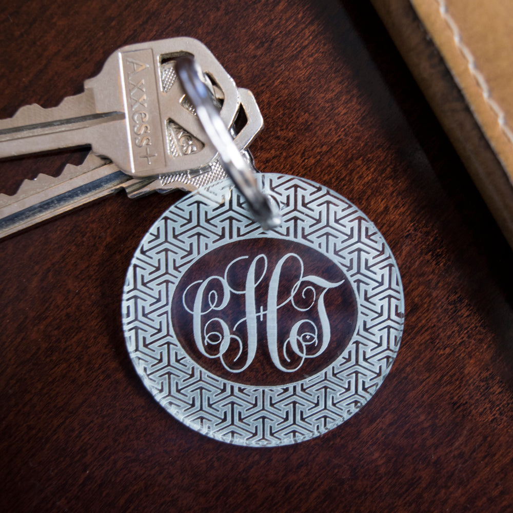 custom engraved acrylic round patterned monogram key fob with key ring