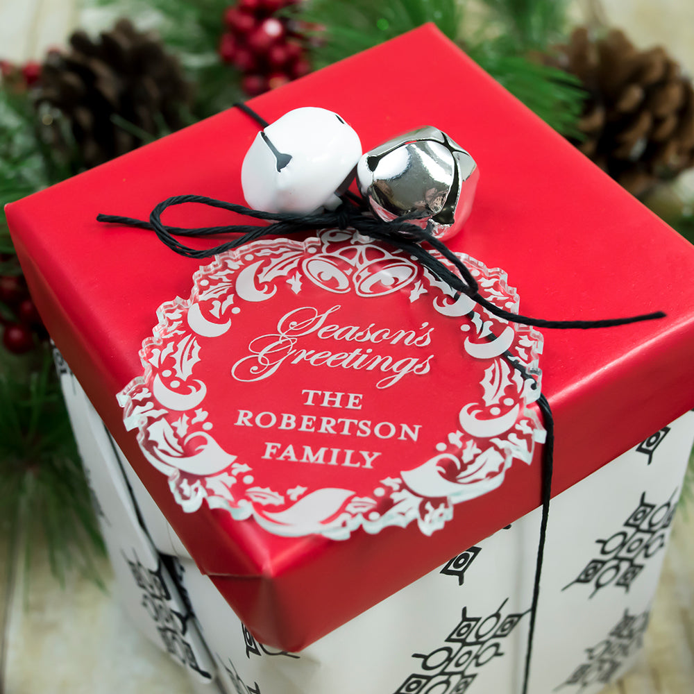 Custom Acrylic Holiday Seasons Greetings Wreath Christmas Gift Tag Ornament Family Name