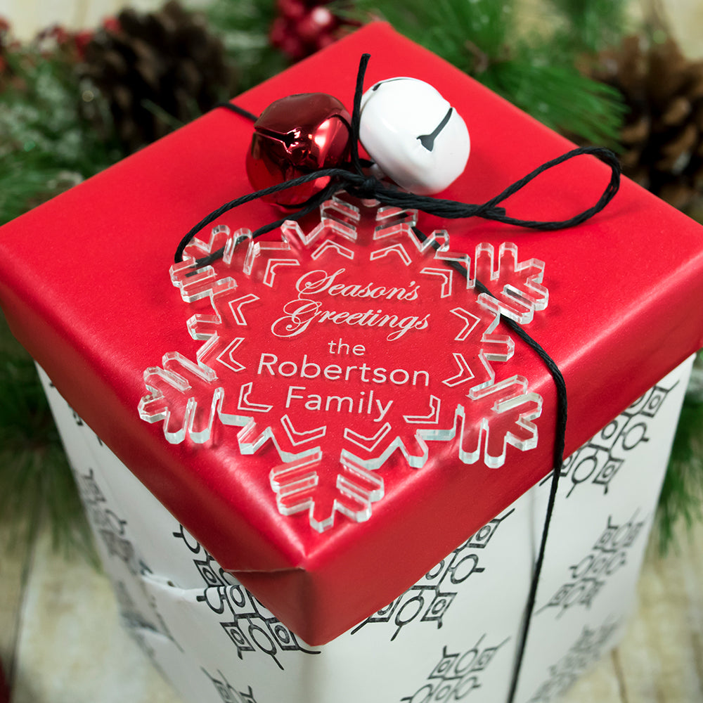 Custom Acrylic Holiday Seasons Greetings Snowflake Christmas Gift Tag Ornament Family Name